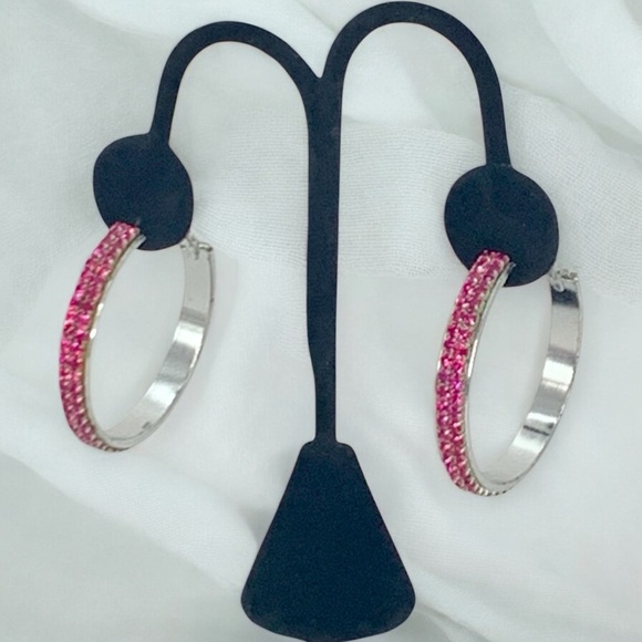Source Unknown Jewelry - Hoop Earrings Large Fuchsia Pink & Silver Crystal Rhinestone Hoop Earrings